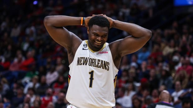 Zion Williamson reacts after a foul call.